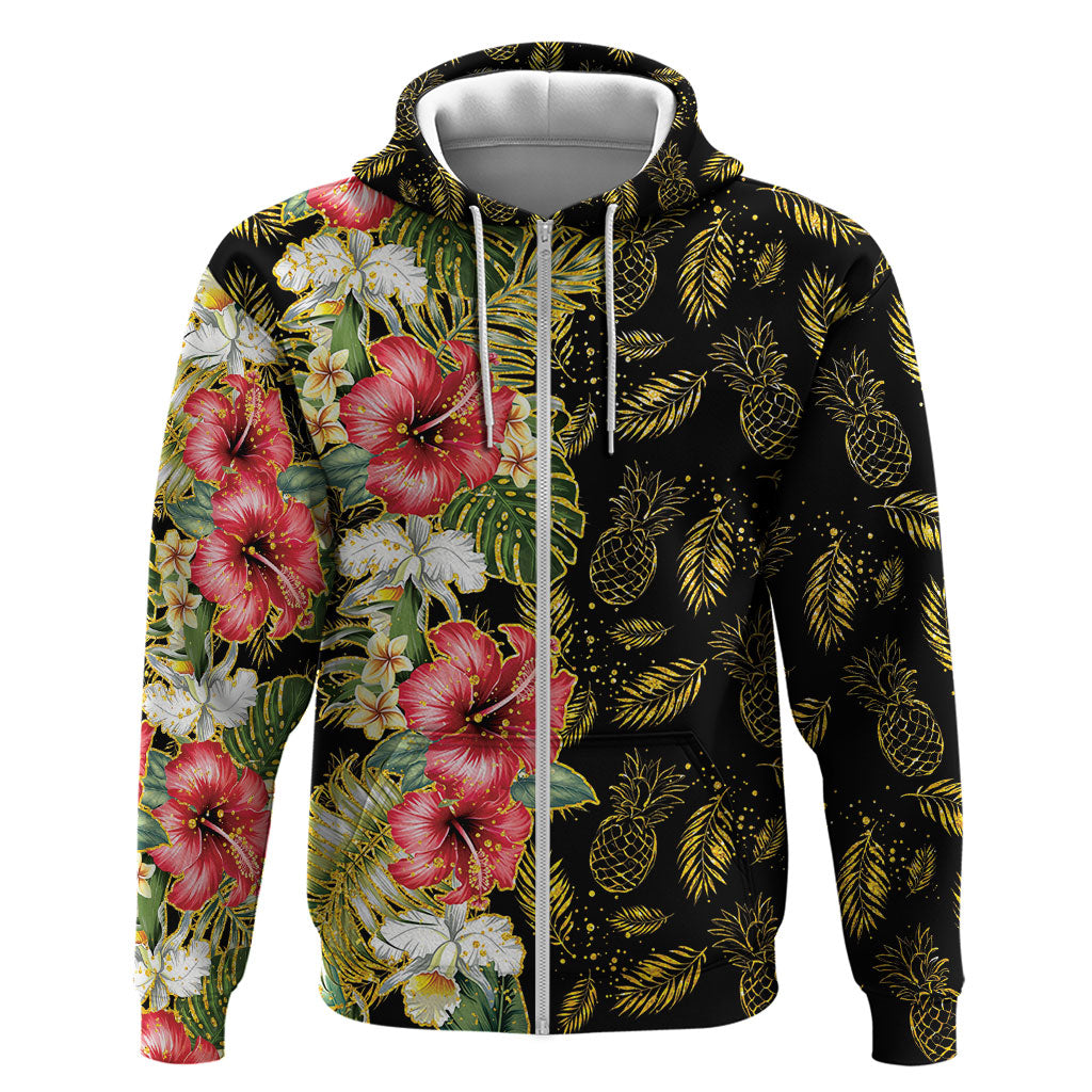 Hawaii Discoverers Day Zip Hoodie Tropical Hibiscus Glitter Black LT05 Zip Hoodie Black - Polynesian Pride