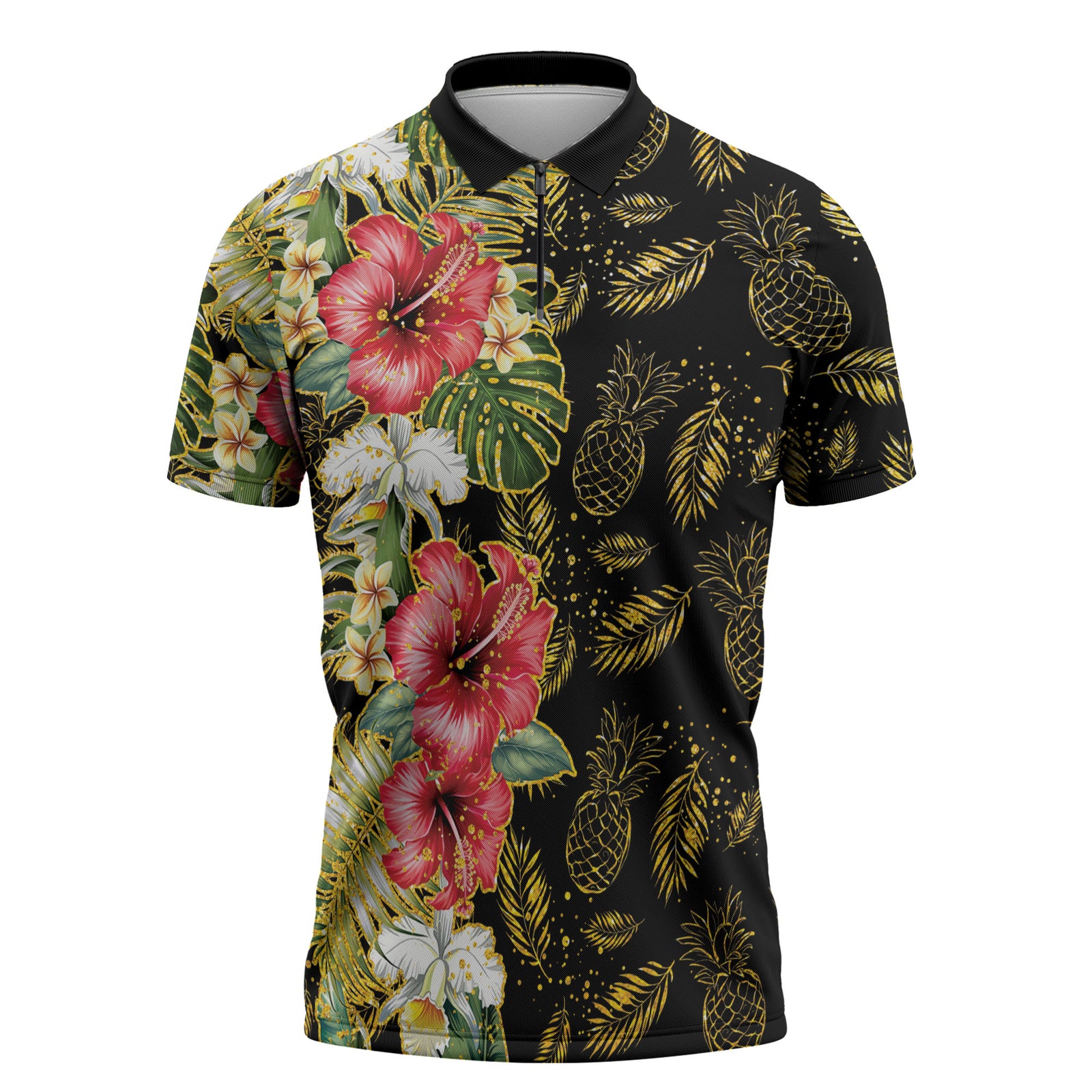 Hawaii Discoverers Day Zipper Polo Shirt Tropical Hibiscus Glitter Black LT05 Black - Polynesian Pride