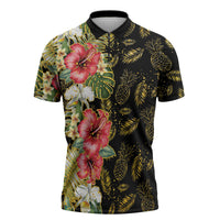 Hawaii Discoverers Day Zipper Polo Shirt Tropical Hibiscus Glitter Black