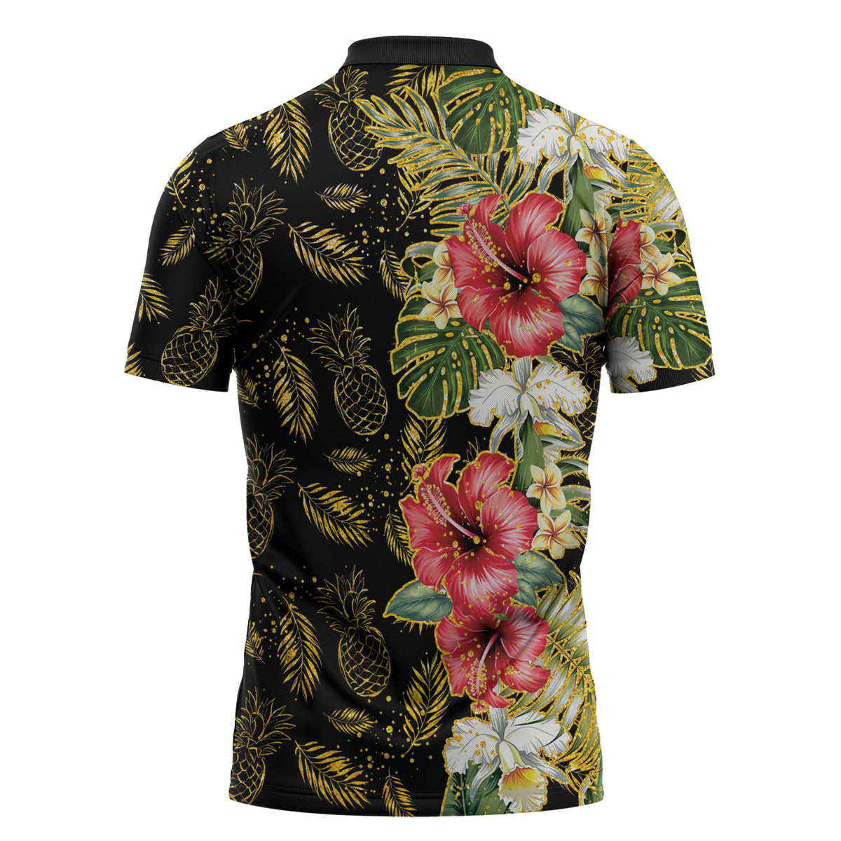 Hawaii Discoverers Day Zipper Polo Shirt Tropical Hibiscus Glitter Black