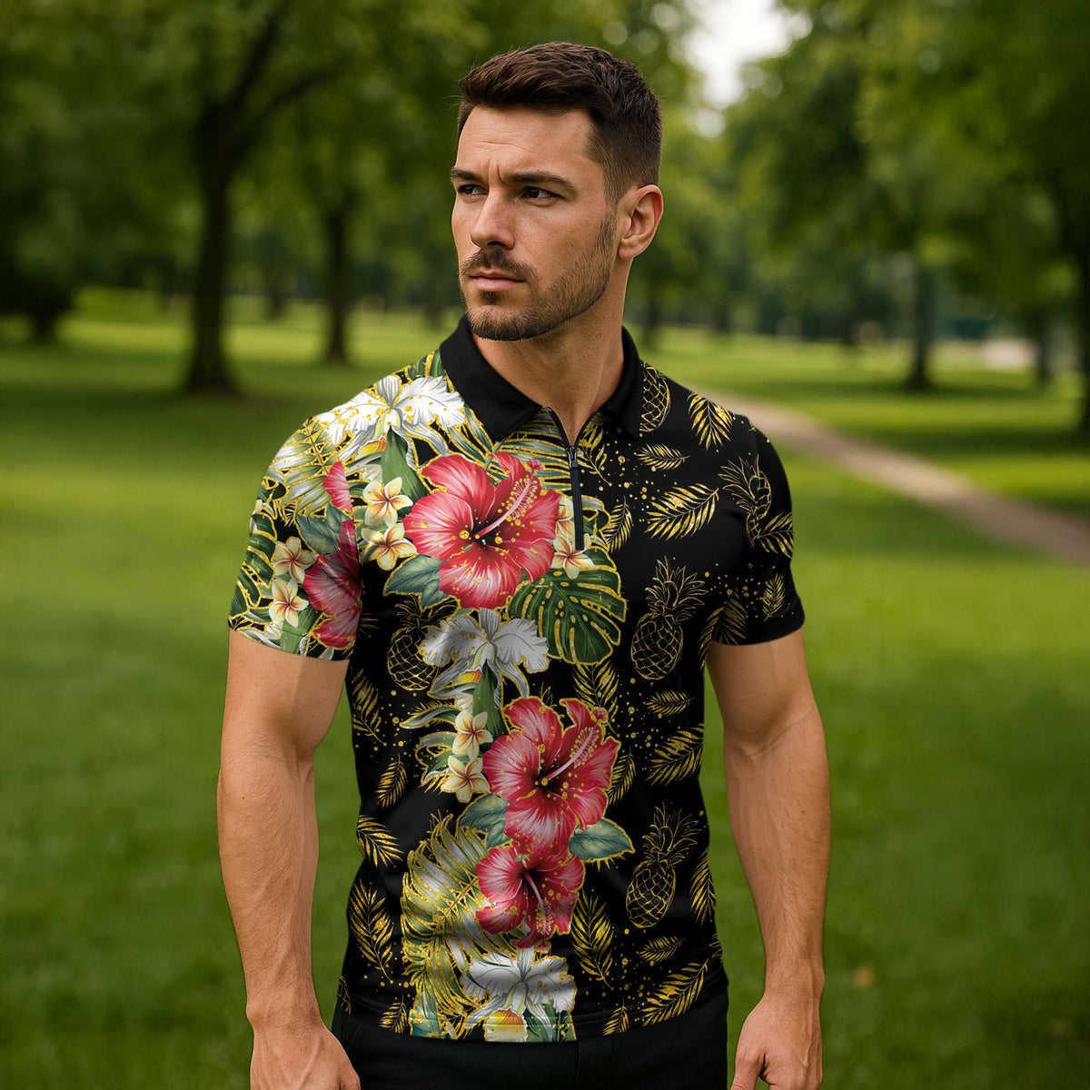 Hawaii Discoverers Day Zipper Polo Shirt Tropical Hibiscus Glitter Black