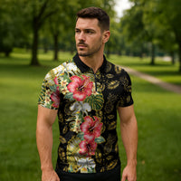 Hawaii Discoverers Day Zipper Polo Shirt Tropical Hibiscus Glitter Black