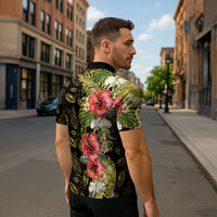 Hawaii Discoverers Day Zipper Polo Shirt Tropical Hibiscus Glitter Black