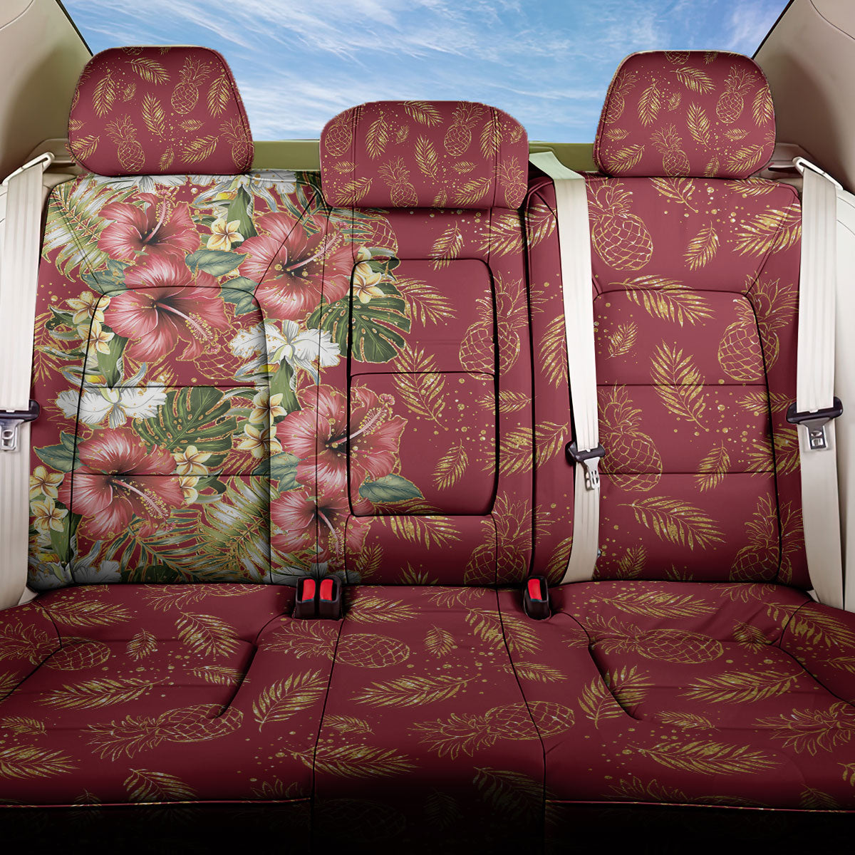 Hawaii Discoverers Day Back Car Seat Cover Tropical Hibiscus Glitter Crimson LT05 One Size Crimson - Polynesian Pride