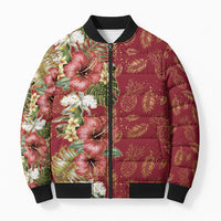 Hawaii Discoverers Day Bomber Puffer Jacket Tropical Hibiscus Glitter Crimson