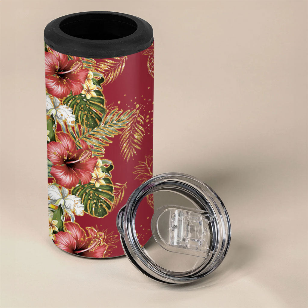 Hawaii Discoverers Day 4 in 1 Can Cooler Tumbler Tropical Hibiscus Glitter Crimson LT05 - Polynesian Pride
