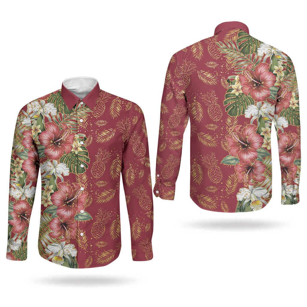 Hawaii Discoverers Day Couples Matching Off Shoulder Short Dress and Long Sleeve Button Shirt Tropical Hibiscus Glitter Crimson