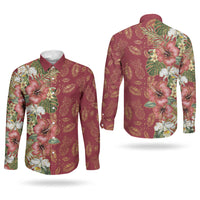 Hawaii Discoverers Day Couples Matching Off Shoulder Short Dress and Long Sleeve Button Shirt Tropical Hibiscus Glitter Crimson