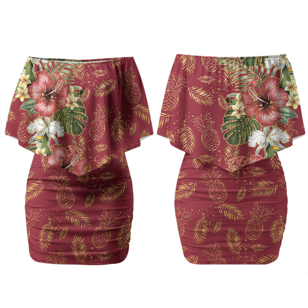 Hawaii Discoverers Day Couples Matching Off Shoulder Short Dress and Long Sleeve Button Shirt Tropical Hibiscus Glitter Crimson