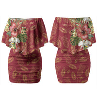 Hawaii Discoverers Day Couples Matching Off Shoulder Short Dress and Long Sleeve Button Shirt Tropical Hibiscus Glitter Crimson