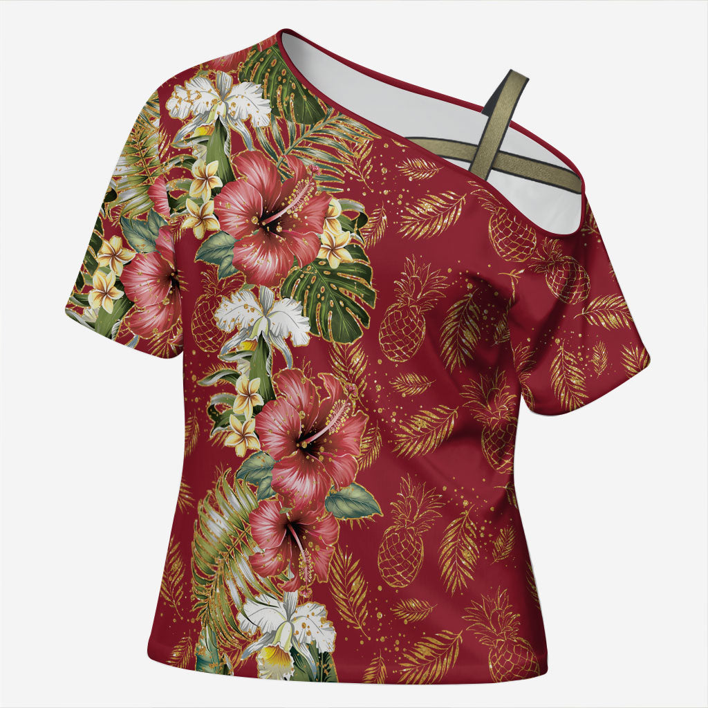 Hawaii Discoverers Day Cross Shoulder Shirt Tropical Hibiscus Glitter Crimson LT05 Female Crimson - Polynesian Pride