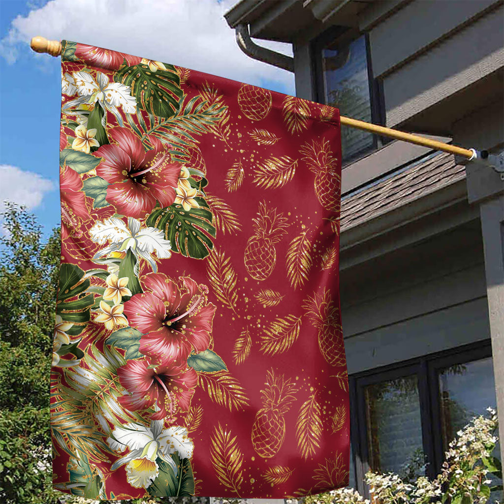 Hawaii Discoverers Day Garden Flag Tropical Hibiscus Glitter Crimson LT05 - Polynesian Pride