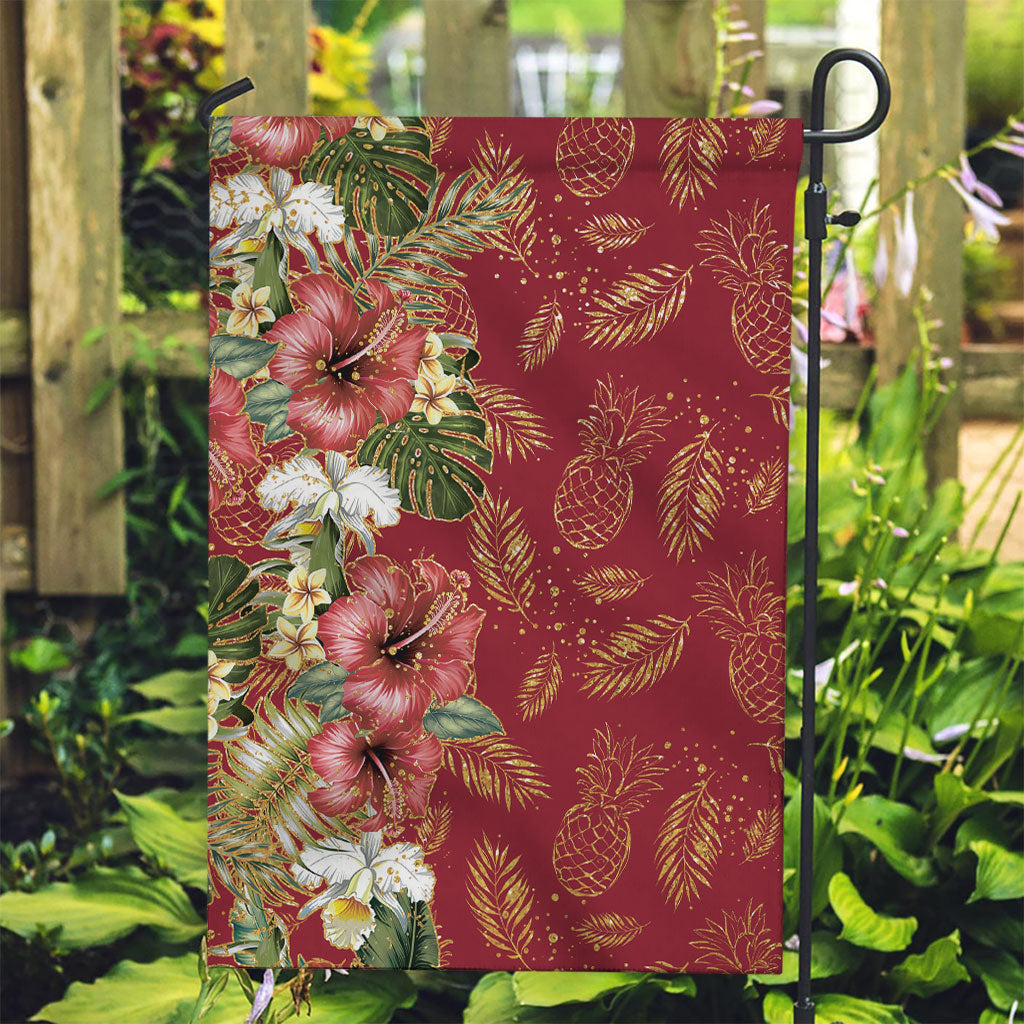 Hawaii Discoverers Day Garden Flag Tropical Hibiscus Glitter Crimson LT05 Garden Flag Crimson - Polynesian Pride