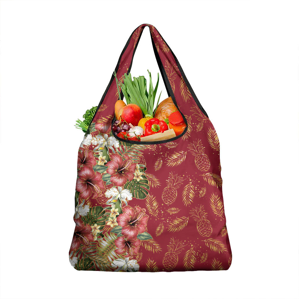 Hawaii Discoverers Day Grocery Bag Tropical Hibiscus Glitter Crimson LT05 1-pack One Size Crimson - Polynesian Pride