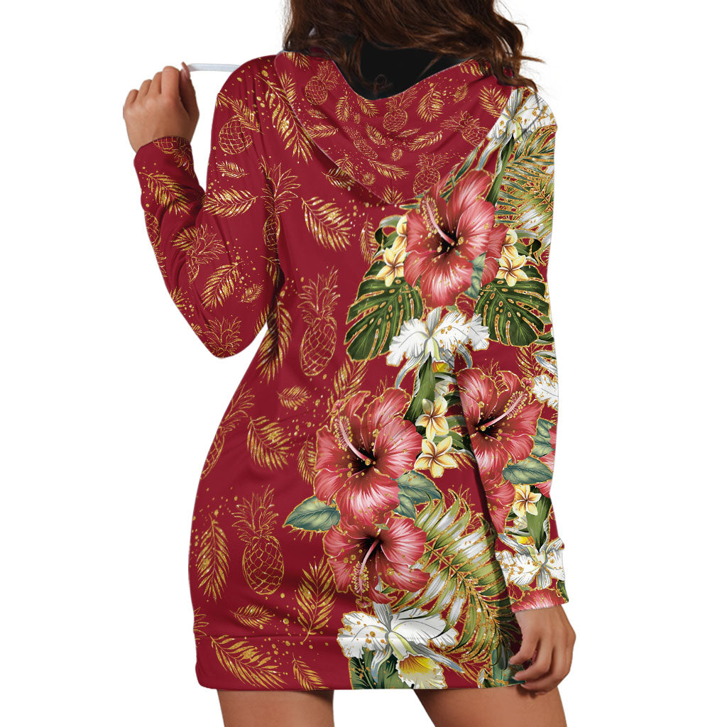 Hawaii Discoverers Day Hoodie Dress Tropical Hibiscus Glitter Crimson LT05 - Polynesian Pride