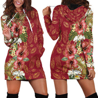 Hawaii Discoverers Day Hoodie Dress Tropical Hibiscus Glitter Crimson LT05 - Polynesian Pride