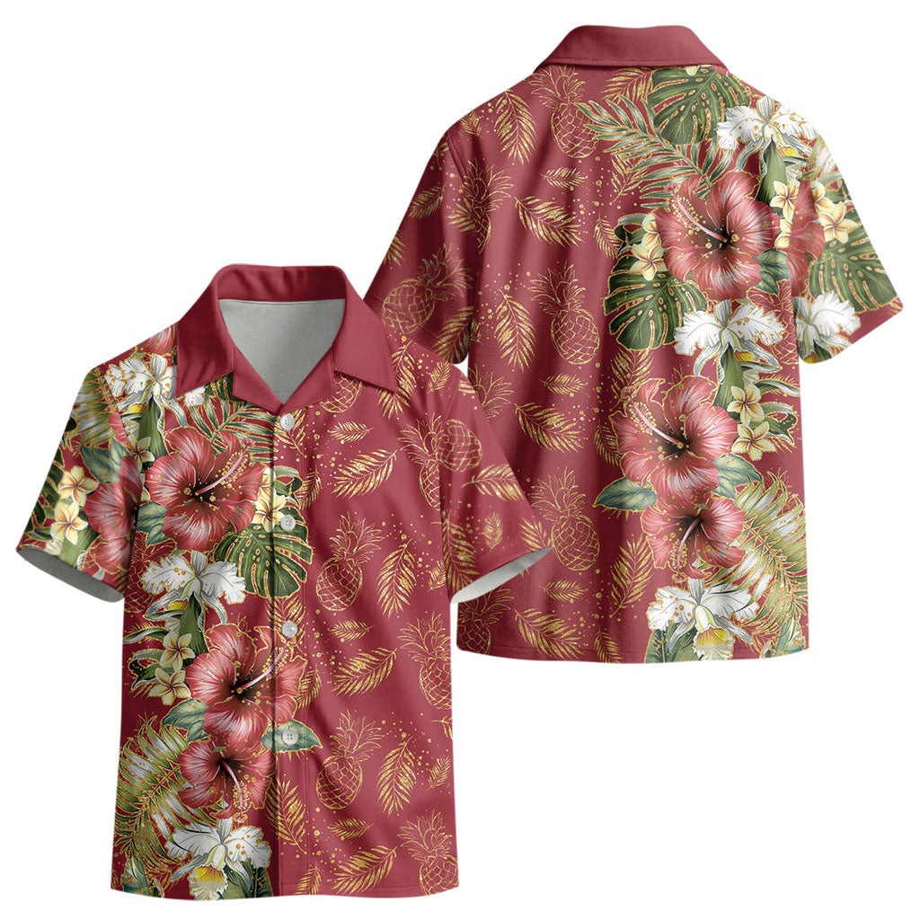 Hawaii Discoverers Day Kid Hawaiian Shirt Tropical Hibiscus Glitter Crimson