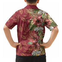 Hawaii Discoverers Day Kid Hawaiian Shirt Tropical Hibiscus Glitter Crimson