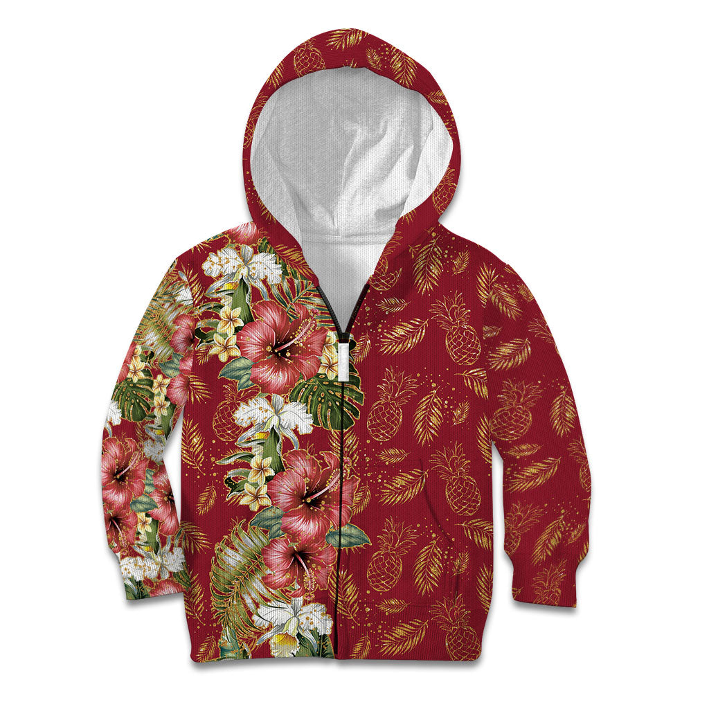 Hawaii Discoverers Day Kid Hoodie Tropical Hibiscus Glitter Crimson LT05 Zip Hoodie Crimson - Polynesian Pride