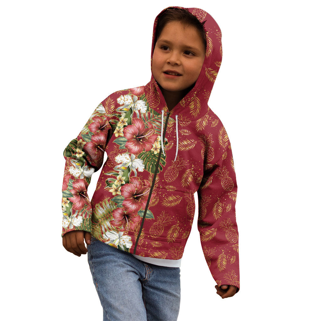 Hawaii Discoverers Day Kid Hoodie Tropical Hibiscus Glitter Crimson LT05 - Polynesian Pride