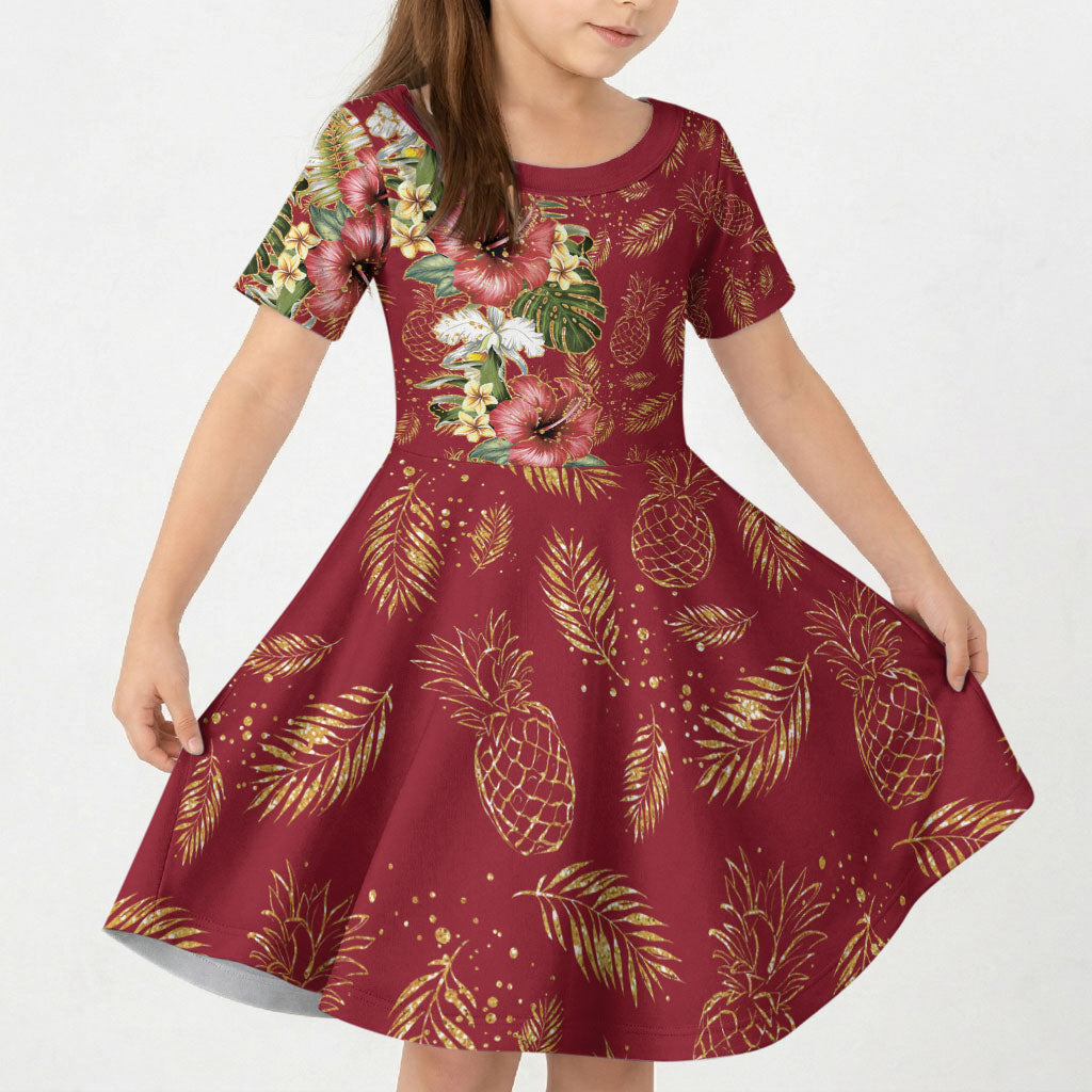 Hawaii Discoverers Day Kid Short Sleeve Dress Tropical Hibiscus Glitter Crimson LT05 KID Crimson - Polynesian Pride