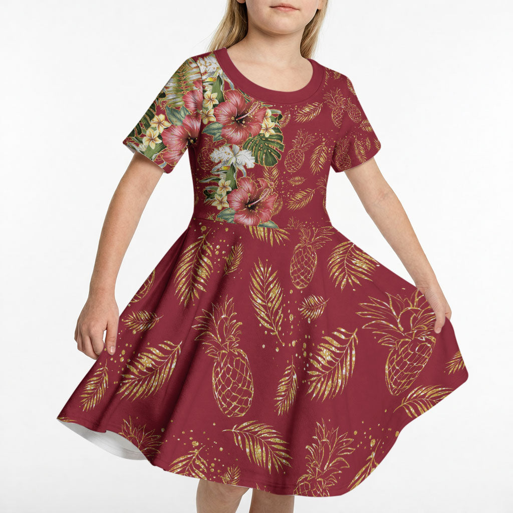 Hawaii Discoverers Day Kid Short Sleeve Dress Tropical Hibiscus Glitter Crimson LT05 - Polynesian Pride