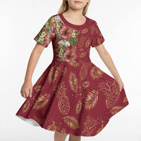 Hawaii Discoverers Day Kid Short Sleeve Dress Tropical Hibiscus Glitter Crimson LT05 - Polynesian Pride