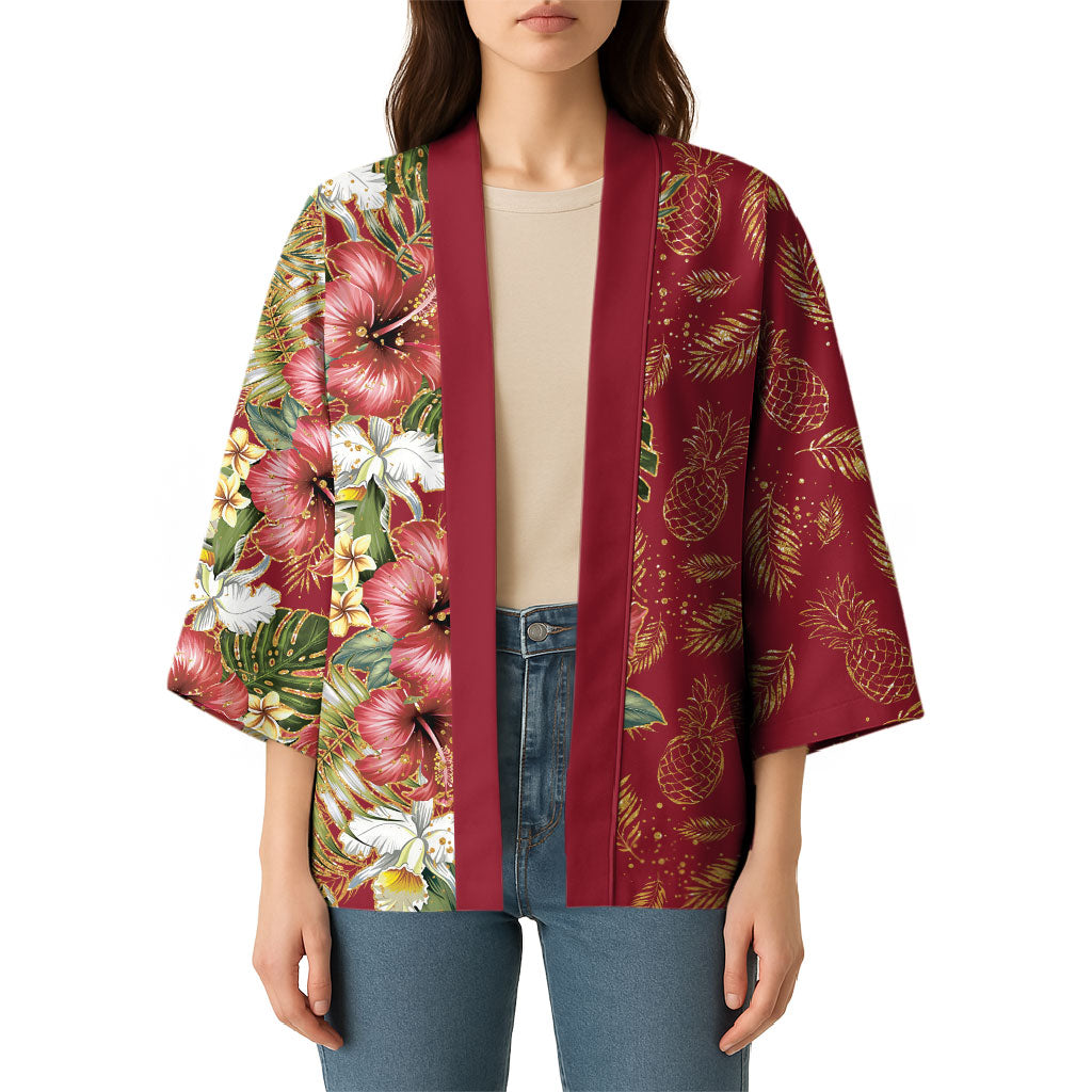 Hawaii Discoverers Day Kimono Tropical Hibiscus Glitter Crimson