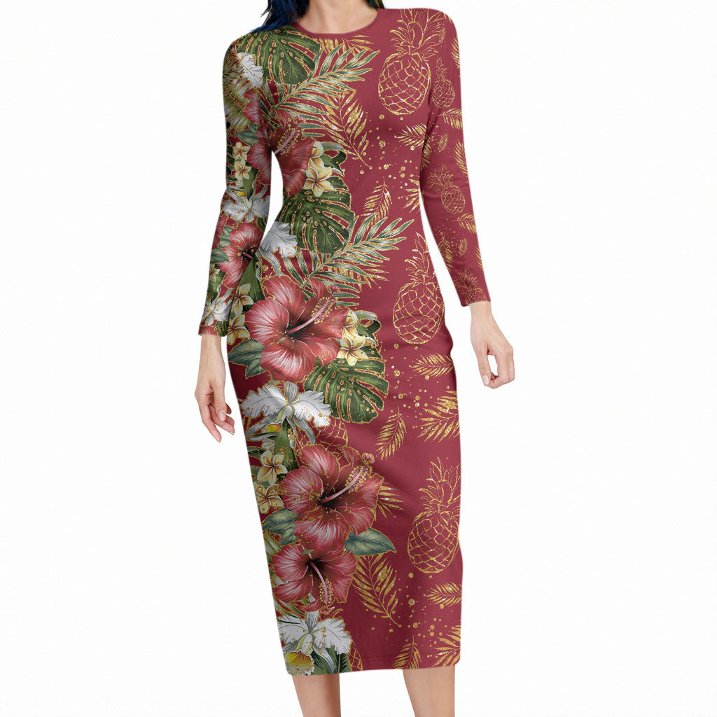 Hawaii Discoverers Day Long Sleeve Bodycon Dress Tropical Hibiscus Glitter Crimson