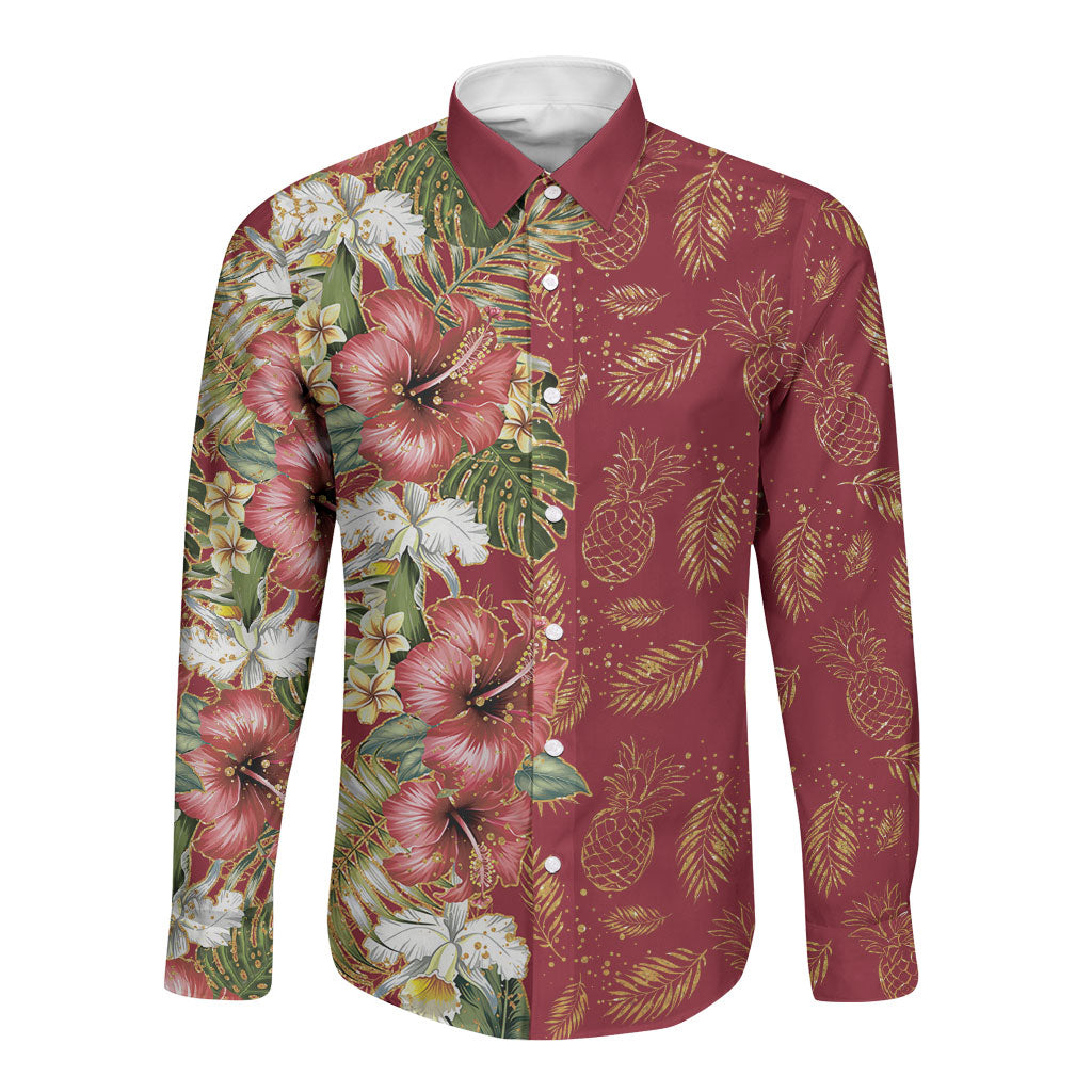 Hawaii Discoverers Day Long Sleeve Button Shirt Tropical Hibiscus Glitter Crimson LT05 Unisex Crimson - Polynesian Pride
