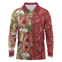 Hawaii Discoverers Day Long Sleeve Polo Shirt Tropical Hibiscus Glitter Crimson LT05 Crimson - Polynesian Pride