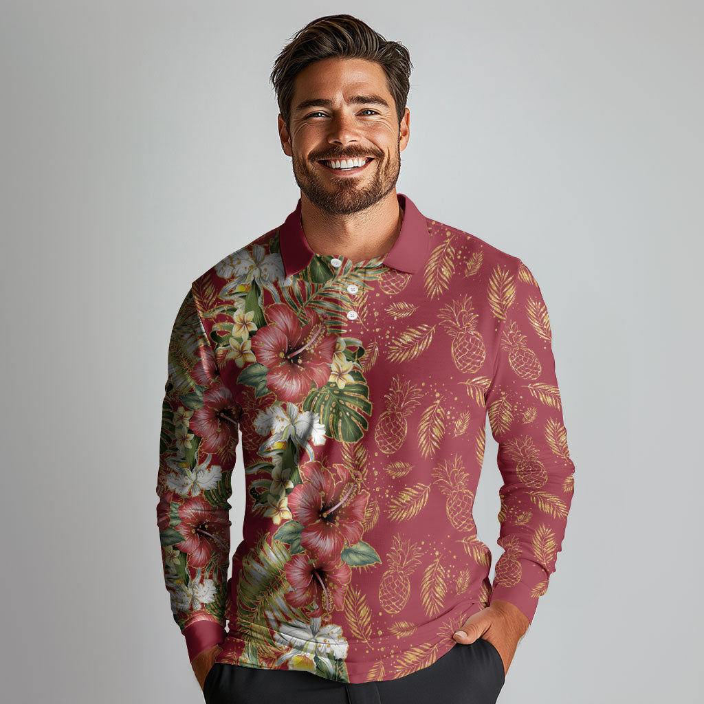 Hawaii Discoverers Day Long Sleeve Polo Shirt Tropical Hibiscus Glitter Crimson LT05 - Polynesian Pride