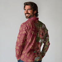 Hawaii Discoverers Day Long Sleeve Polo Shirt Tropical Hibiscus Glitter Crimson LT05 - Polynesian Pride