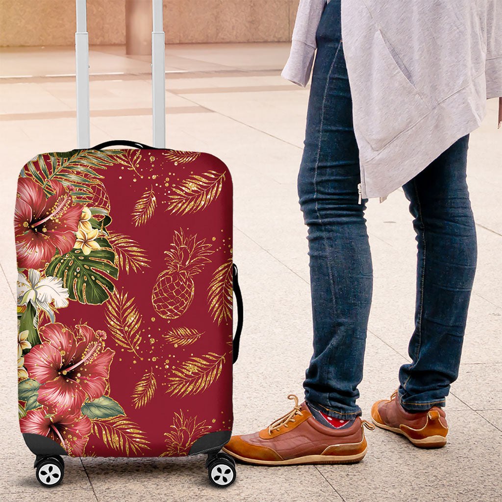 Hawaii Discoverers Day Luggage Cover Tropical Hibiscus Glitter Crimson LT05 Crimson - Polynesian Pride