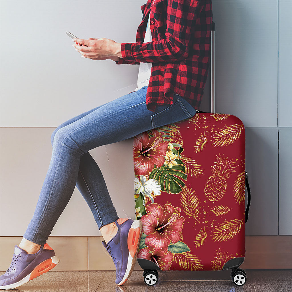 Hawaii Discoverers Day Luggage Cover Tropical Hibiscus Glitter Crimson LT05 - Polynesian Pride