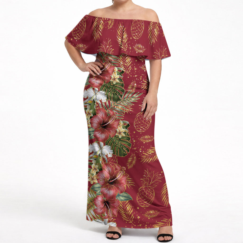 Hawaii Discoverers Day Off Shoulder Maxi Dress Tropical Hibiscus Glitter Crimson