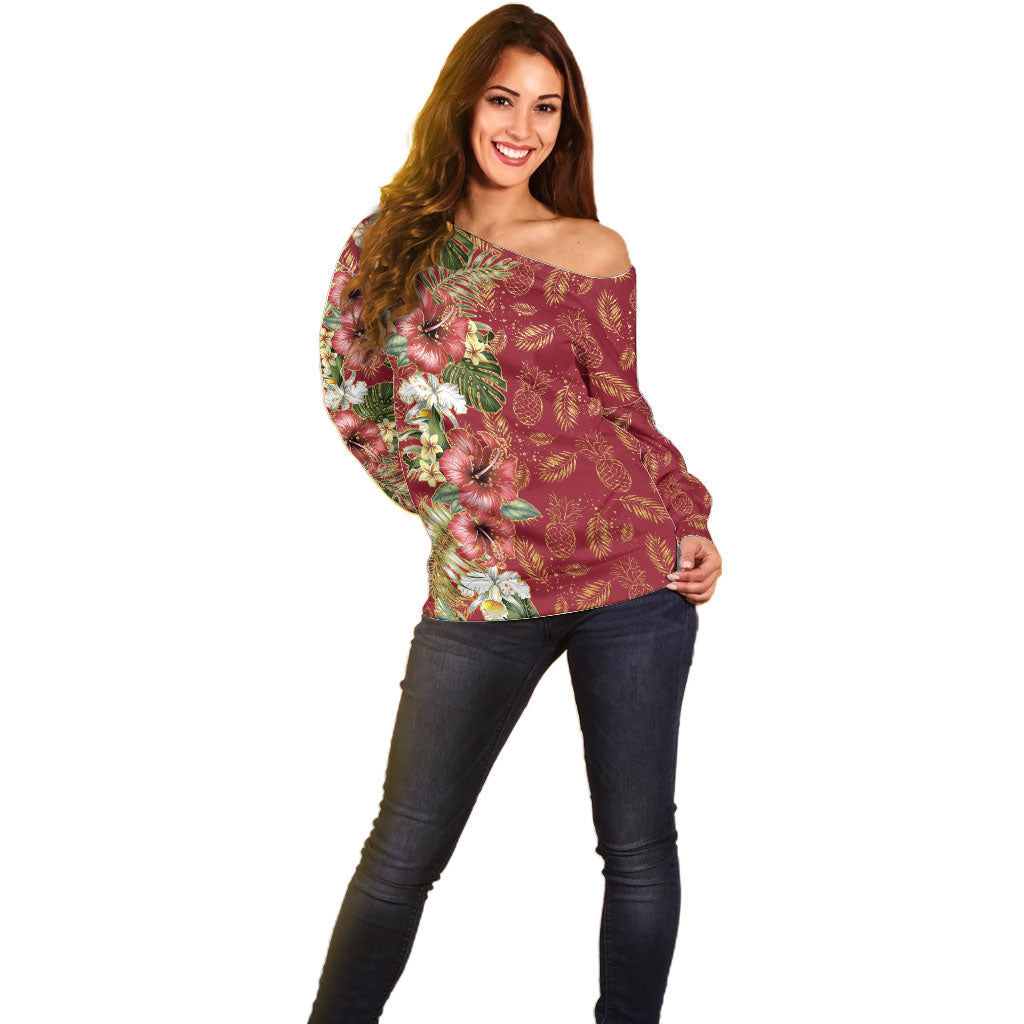 Hawaii Discoverers Day Off Shoulder Sweater Tropical Hibiscus Glitter Crimson LT05 - Polynesian Pride