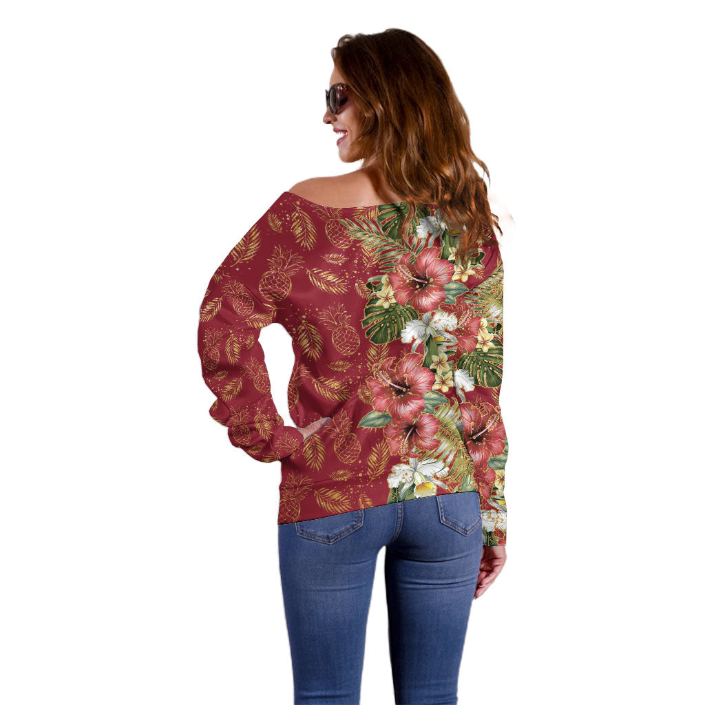 Hawaii Discoverers Day Off Shoulder Sweater Tropical Hibiscus Glitter Crimson LT05 - Polynesian Pride