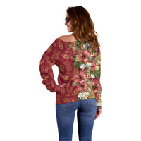 Hawaii Discoverers Day Off Shoulder Sweater Tropical Hibiscus Glitter Crimson LT05 - Polynesian Pride