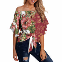 Hawaii Discoverers Day Off Shoulder Wrap Waist Top Tropical Hibiscus Glitter Crimson LT05 Crimson - Polynesian Pride