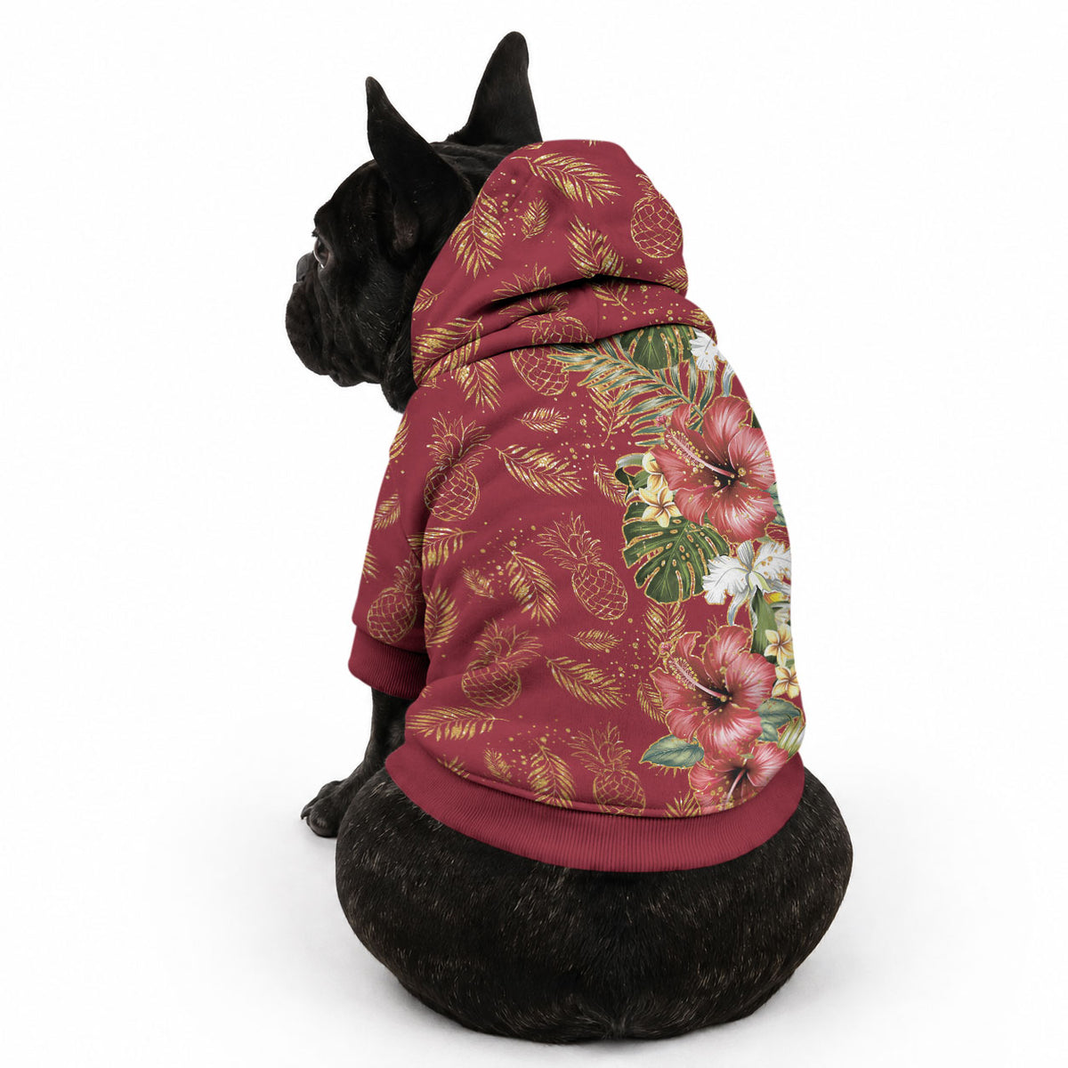 Hawaii Discoverers Day Pet Hoodie Tropical Hibiscus Glitter Crimson