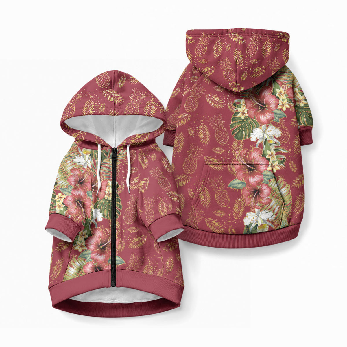 Hawaii Discoverers Day Pet Hoodie Tropical Hibiscus Glitter Crimson