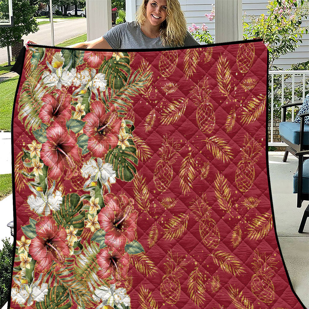 Hawaii Discoverers Day Quilt Tropical Hibiscus Glitter Crimson LT05 Crimson - Polynesian Pride