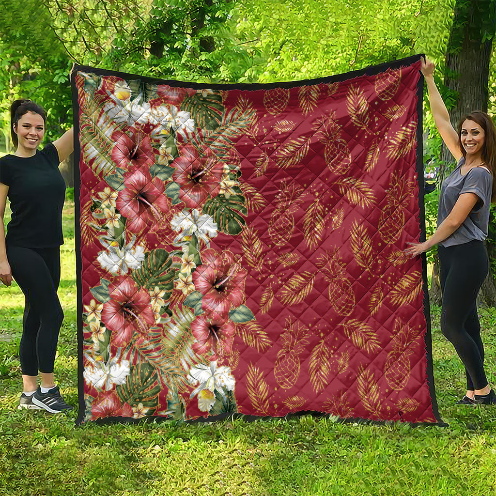 Hawaii Discoverers Day Quilt Tropical Hibiscus Glitter Crimson LT05 - Polynesian Pride