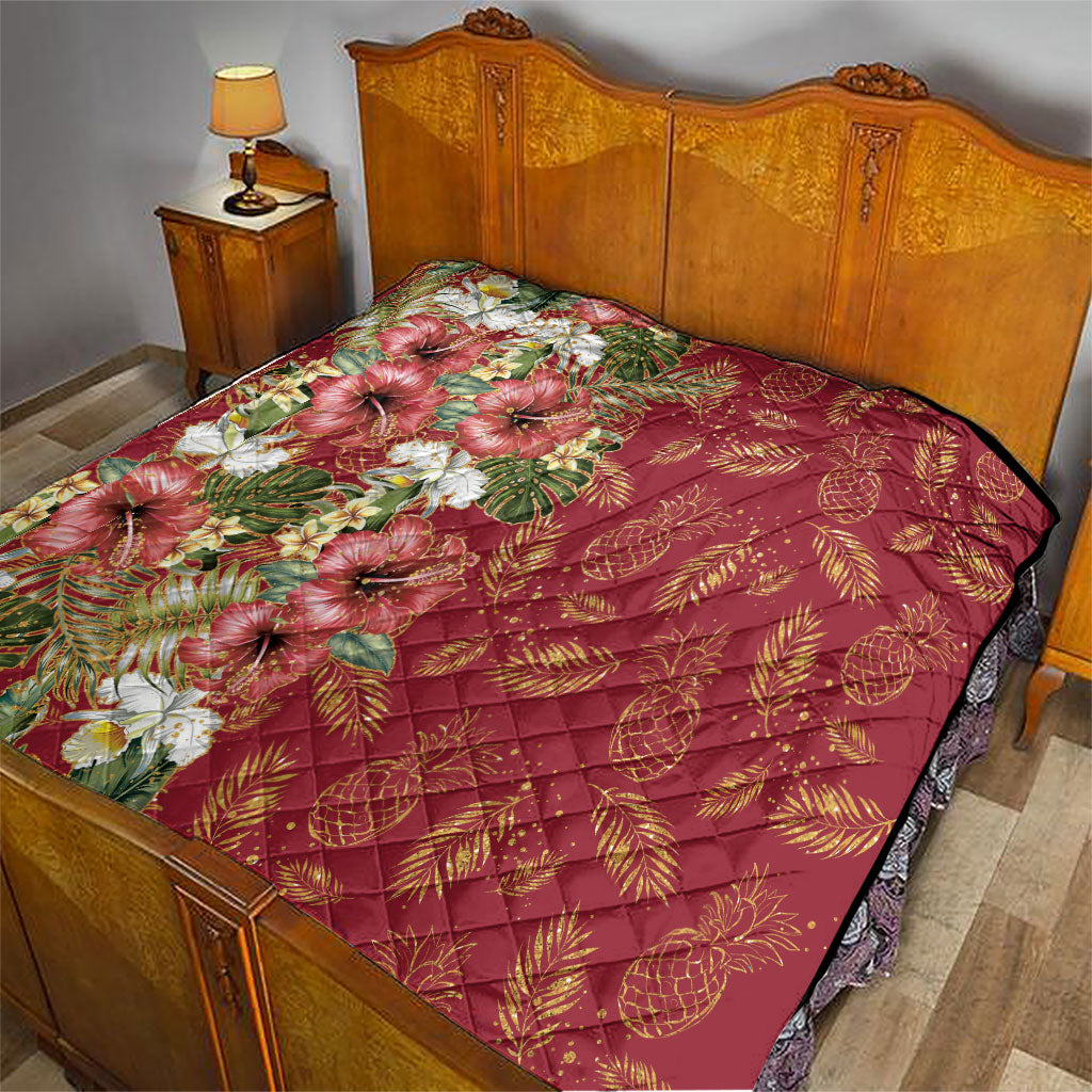 Hawaii Discoverers Day Quilt Tropical Hibiscus Glitter Crimson LT05 - Polynesian Pride