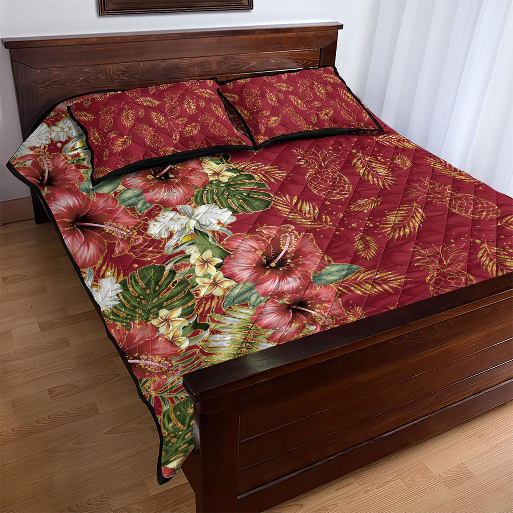 Hawaii Discoverers Day Quilt Bed Set Tropical Hibiscus Glitter Crimson LT05 - Polynesian Pride