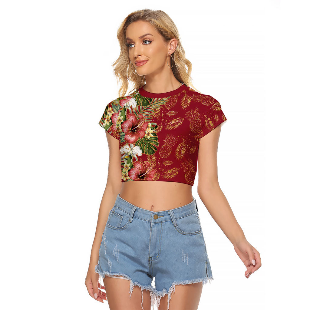 Hawaii Discoverers Day Raglan Cropped T Shirt Tropical Hibiscus Glitter Crimson LT05 Female Crimson - Polynesian Pride