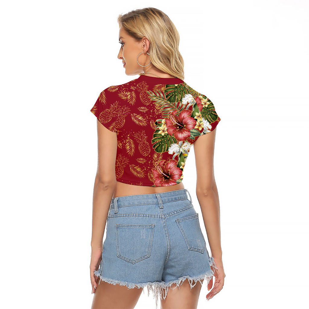 Hawaii Discoverers Day Raglan Cropped T Shirt Tropical Hibiscus Glitter Crimson LT05 - Polynesian Pride