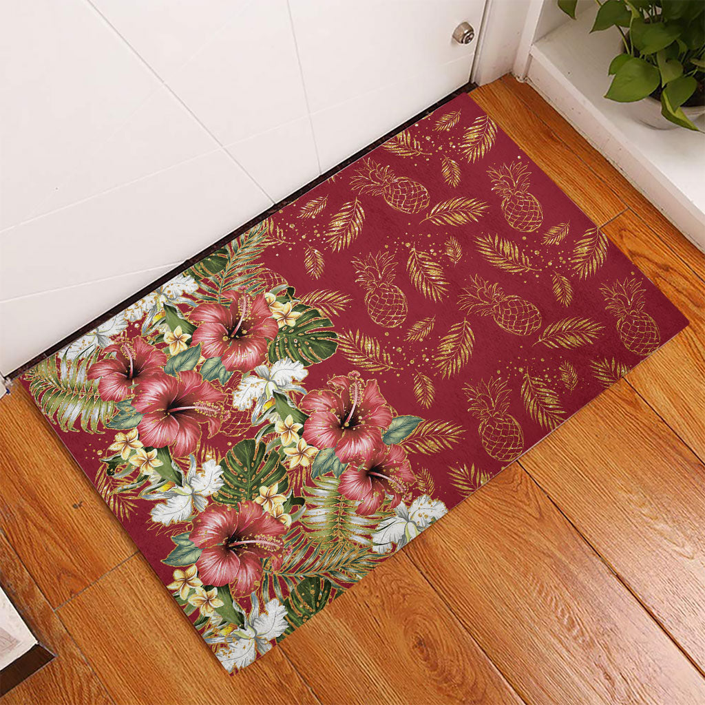 Hawaii Discoverers Day Rubber Doormat Tropical Hibiscus Glitter Crimson LT05 - Polynesian Pride