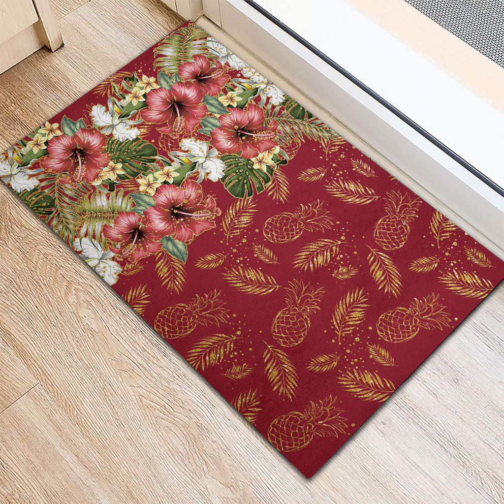 Hawaii Discoverers Day Rubber Doormat Tropical Hibiscus Glitter Crimson LT05 - Polynesian Pride